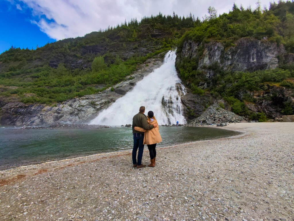 Couple outside of Nugget Falls - Things to do in Juneau Alaska from a cruise ship