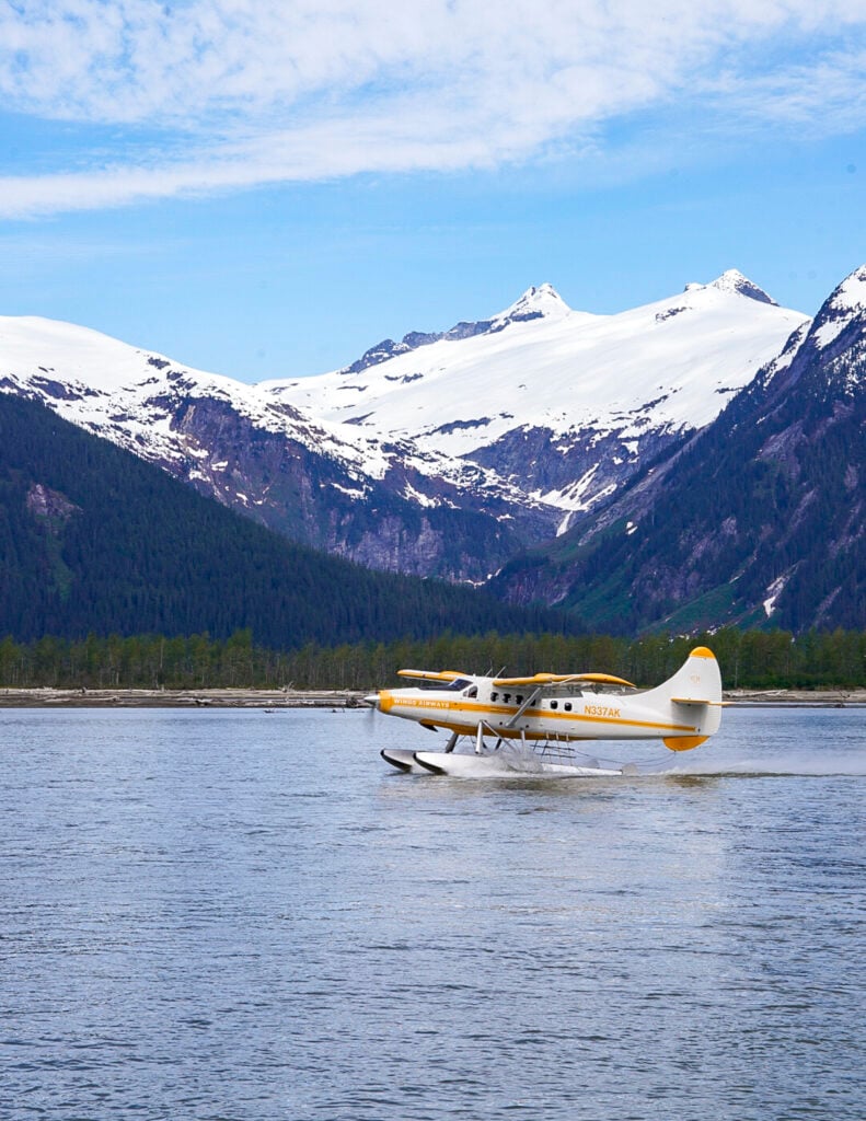 Seaplane landing at Tahu Glacier Lodge in Juneau, Alaska.
