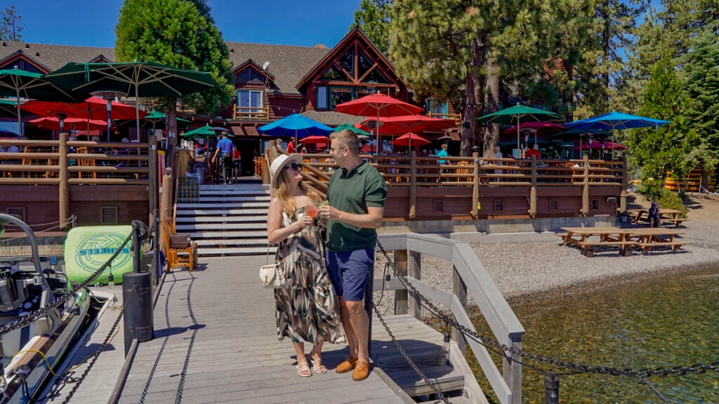 Couple outside of Sunnyside Restaurant in Lake Tahoe.