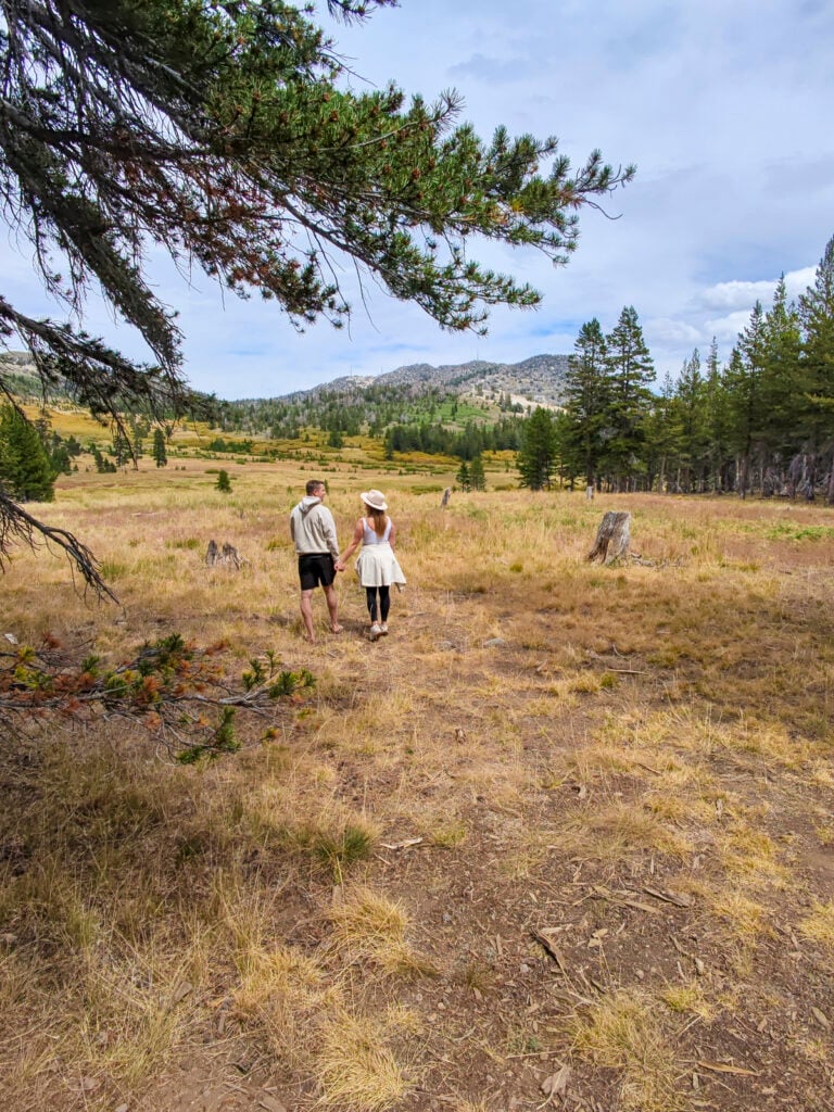 Couple hiking Chickadee Ridge near Lake Tahoe.